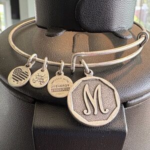 Alex and Ani Silver-Tone Expandable Charm Bangle with Branded Discs and “M”